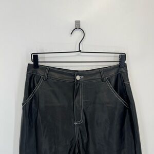 Pretty Garbage Loose Faux Leather Contrast Stitching Straight Leg Pants In Black